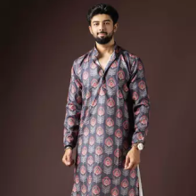 Dark grey color beautiful printed blended cotton fabric ceremonial men's kurta payjama