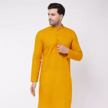 Mustard and white cotton linen kurta pyjama set