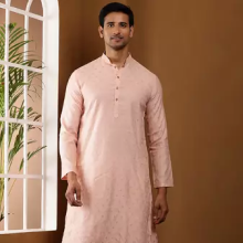 Men s peach self-textured viscose blend kurta with white pajama set