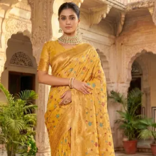 Sutriti graceful yellow banarasi silk saree with golden zari woven border & floral jaal wedding & festive wear
